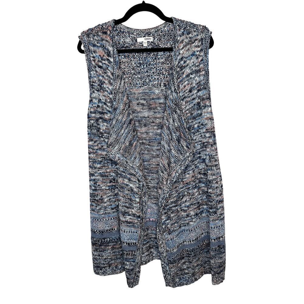 Sonoma Womans Woven Boho Drape Front Tunic Sweater Vest Size L Blue Multicolor